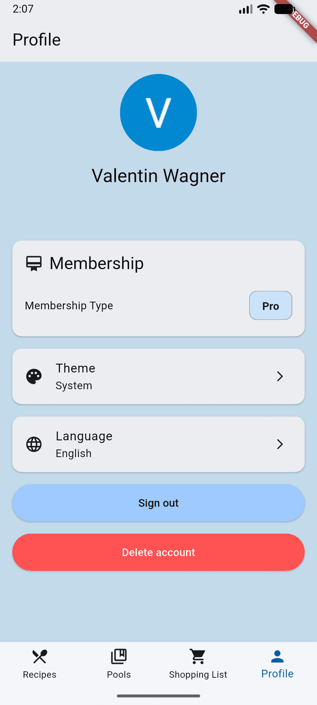 Screenshot: Profil-Seite mit 'Delete account'-Button